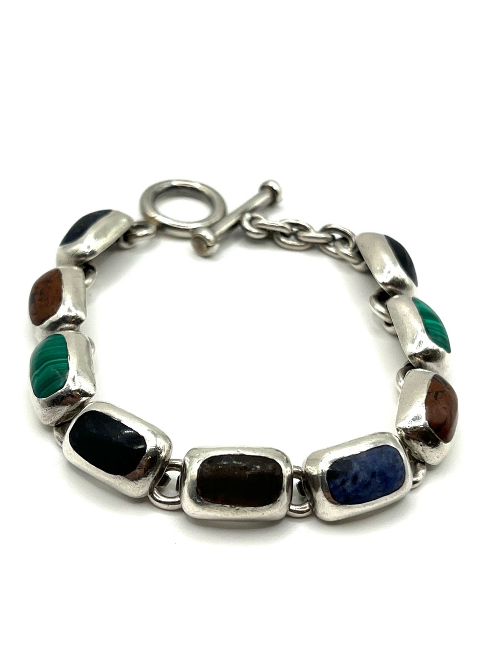 Vintage sterling silver Mexico multi stone chunky chain bracelet semiprecious